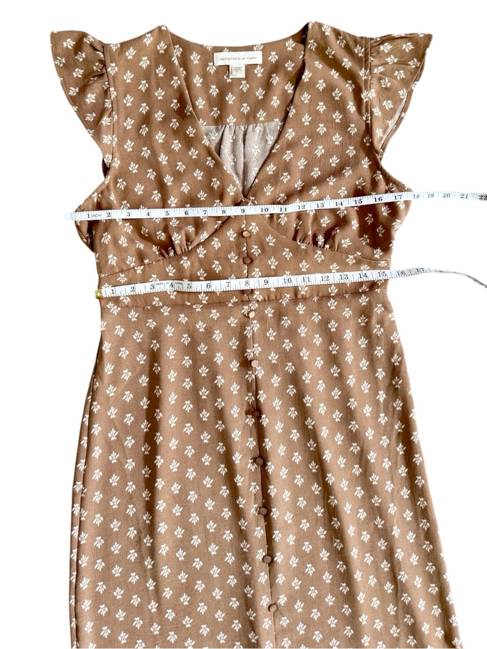 Monteau V-Neck Flutter Sleeves Tan Floral Patterned Maxi Dress Size L Like New - Picture 7 of 11
